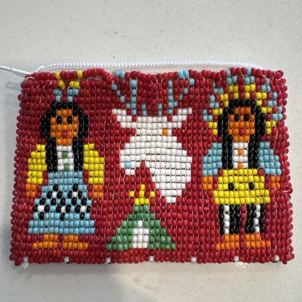 VTG Seed Bead Native American Style Coin Change Zip‎ Purse Indian Leather